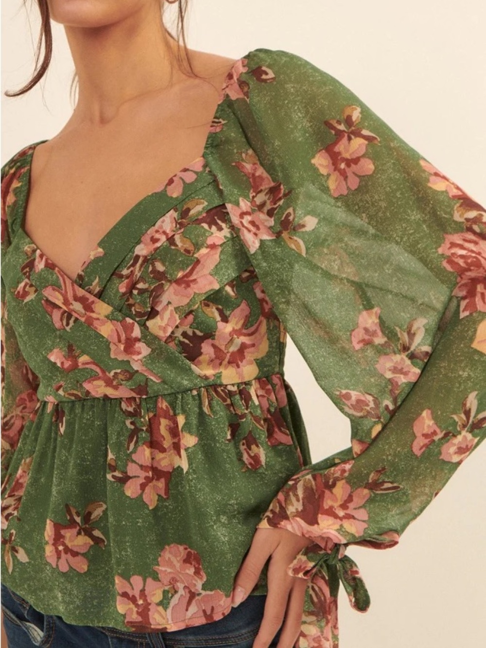 Promesa Green Floral V-Neck Long-Sleeve Peplum Dress Top
